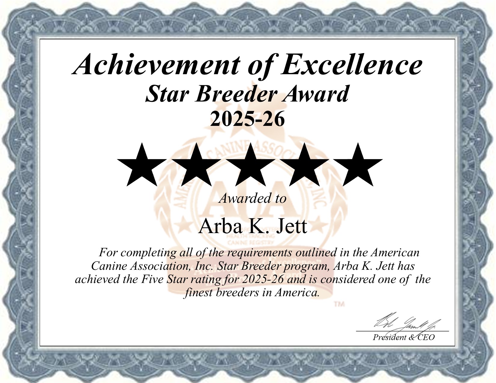 Arba K, Jett, dog, breeder, star, certificate, Arba K-Jett, Vian, OK, Oklahoma, puppy, dog, kennels, mill, puppymill, usda, 5-star, aca, ica, registered, Shiba Inu